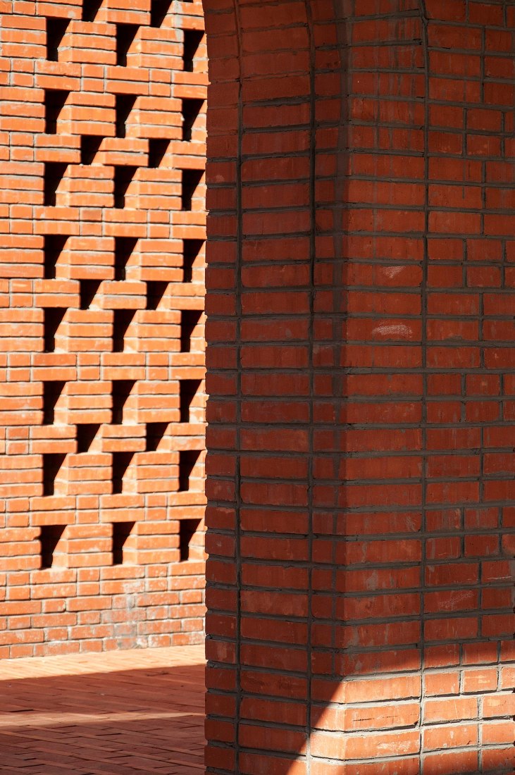 Detail of brick facade. Tower of Bricks by Interval Architects. Photograph by Zhi Geng