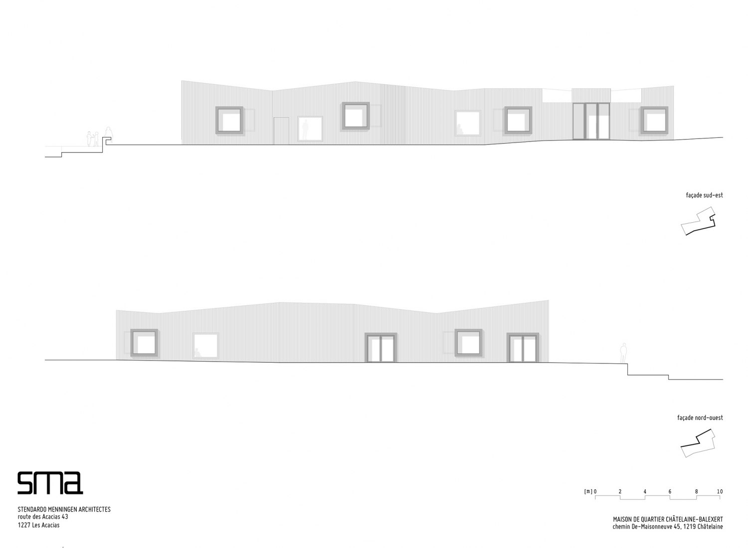 Maison de Quartier de Châbal. Alzados Sur-Este y Norte-Oeste