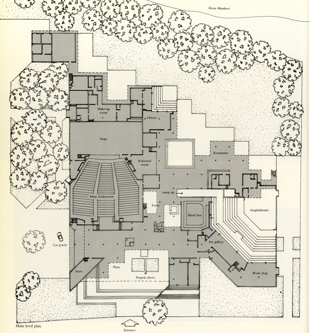Plano de planta principal. Academia Kala por Charles Correa. Imágenes cortesía de Charles Correa Associates (Arquitectos / Planificadores) y cortesía de la Fundación Charles Correa