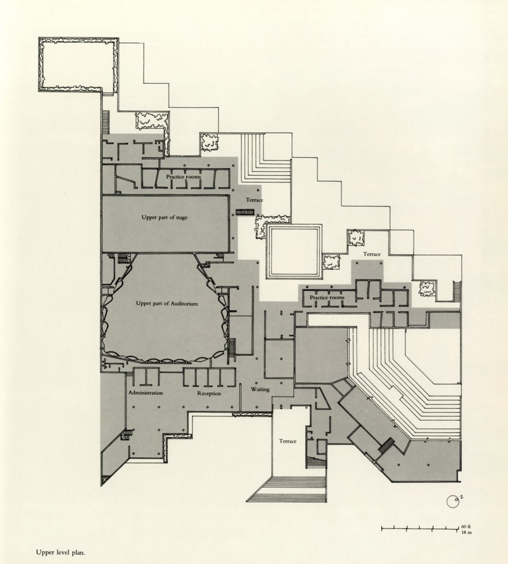 Plano de planta superior. Academia Kala por Charles Correa. Imágenes cortesía de Charles Correa Associates (Arquitectos / Planificadores) y cortesía de la Fundación Charles Correa