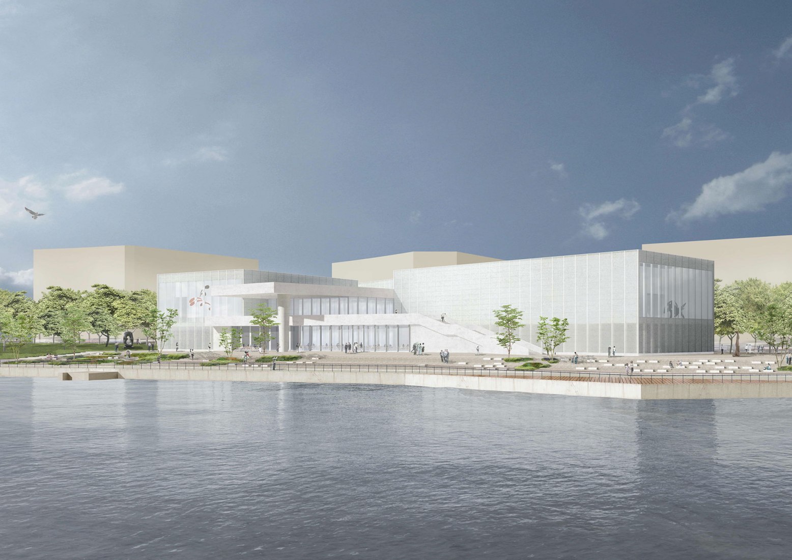 Visualización exterior. Nueva Galería del Centro Pompidou en el museo West Bund Art por David Chipperfield Architects.