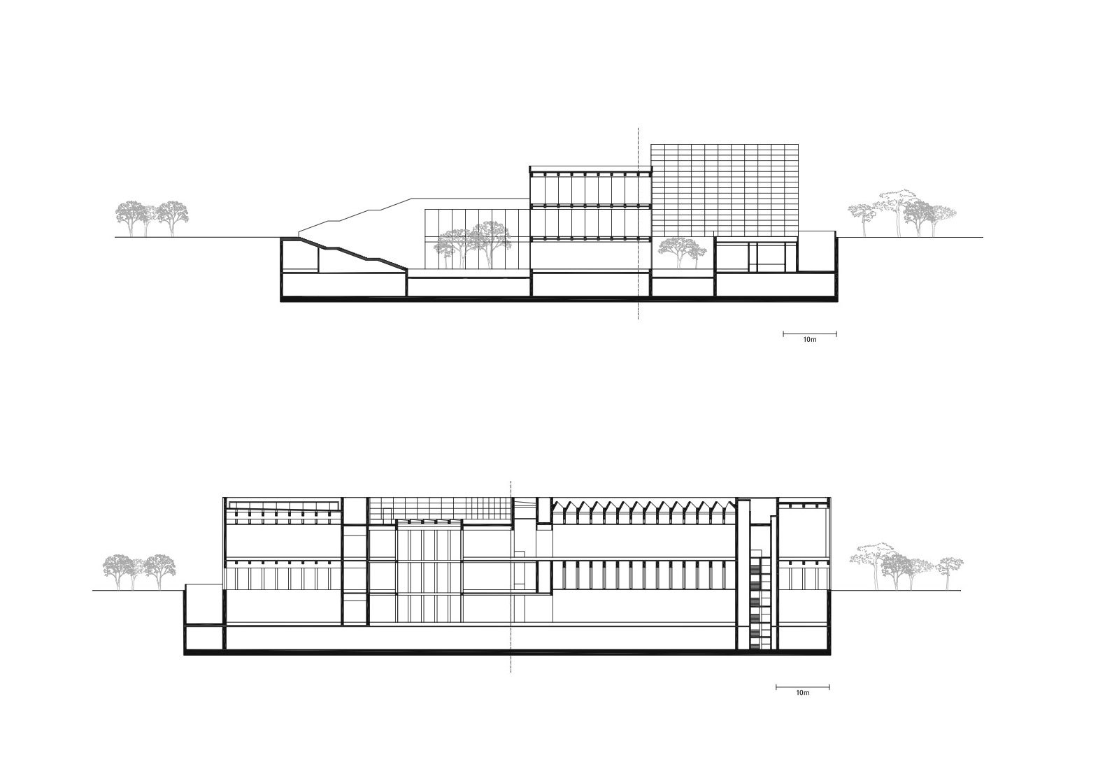 Sección transverdal al conjunto y longitudinal. Nueva Galería del Centro Pompidou en el museo West Bund Art por David Chipperfield Architects.
