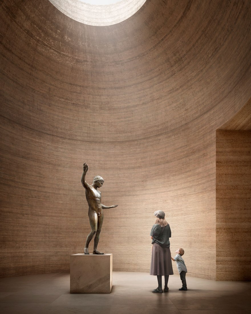 Enclosed exhibition space, rendering. National Archaeological Museum in Athens by David Chipperfield Architects. Images by Filippo Bolognese.