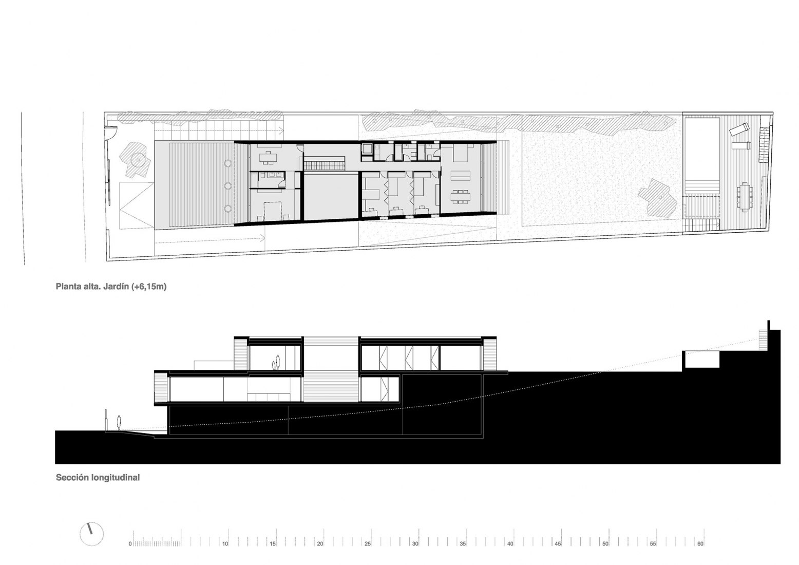 Upper floor plan + Section. Kais House by Ciria Álvarez Arquitectos.