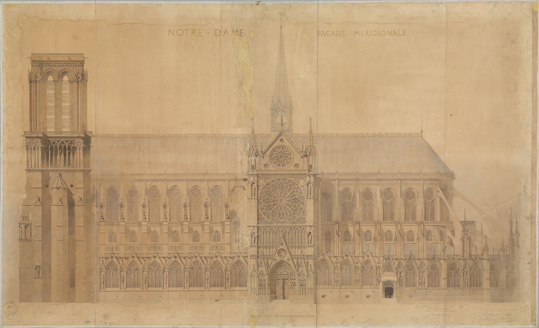Proyecto de restauración de la fachada sur de Notre-Dame de París, 1843, por Eugène Viollet-le-Duc, Jean-Baptiste Lassus.