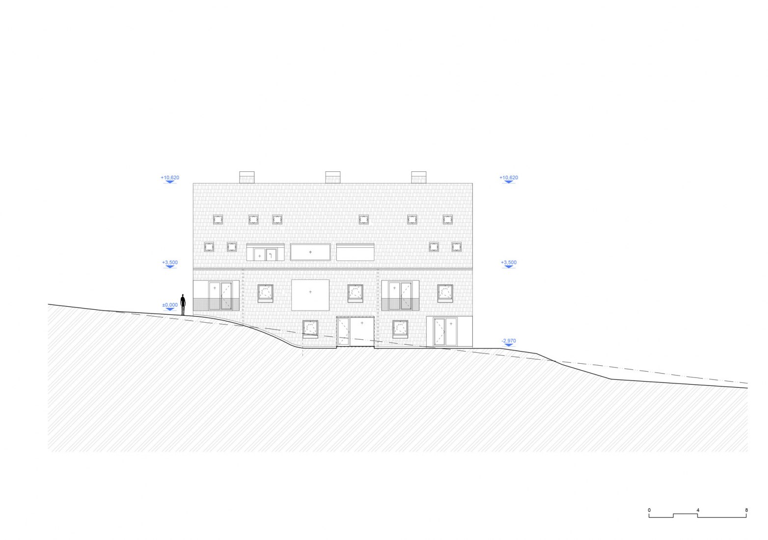 Alzado sur. Edificios de apartamentos al pie de las montañas Jeseníky por CL3. 