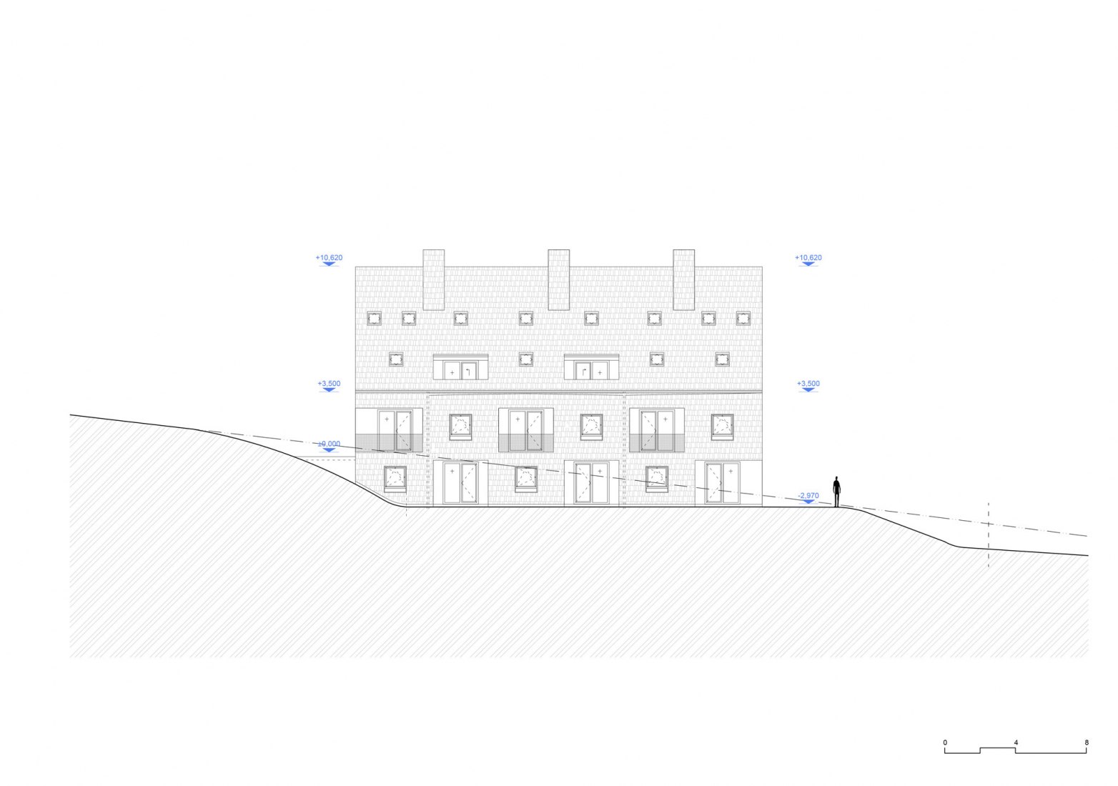 Alzado sur. Edificios de apartamentos al pie de las montañas Jeseníky por CL3. 