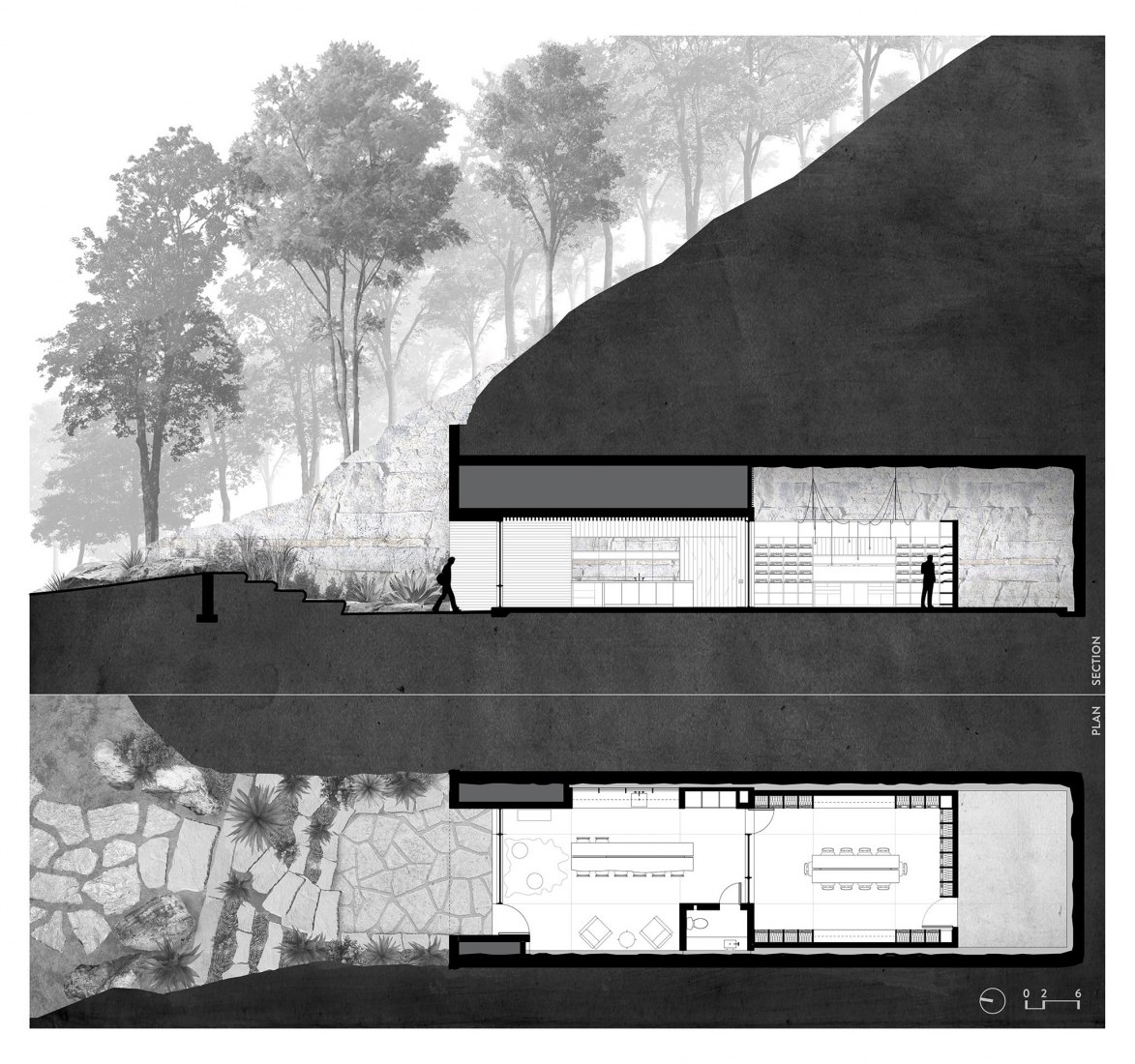 Planta y sección. Cueva del vino de Hill Country por Clayton Korte