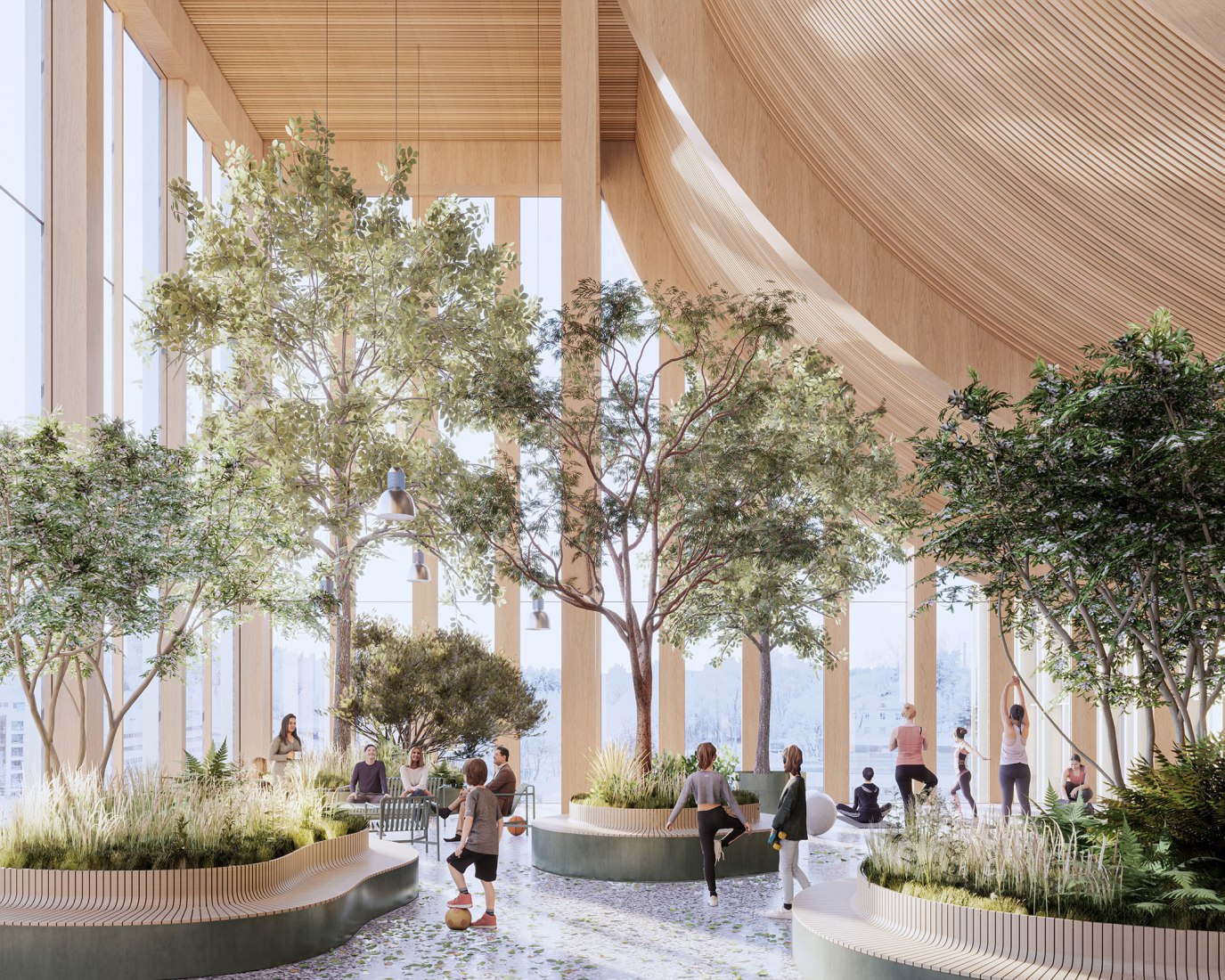 Rendering. Wooden Community and Municipal Building by Cobe and Lundén Architecture Company.