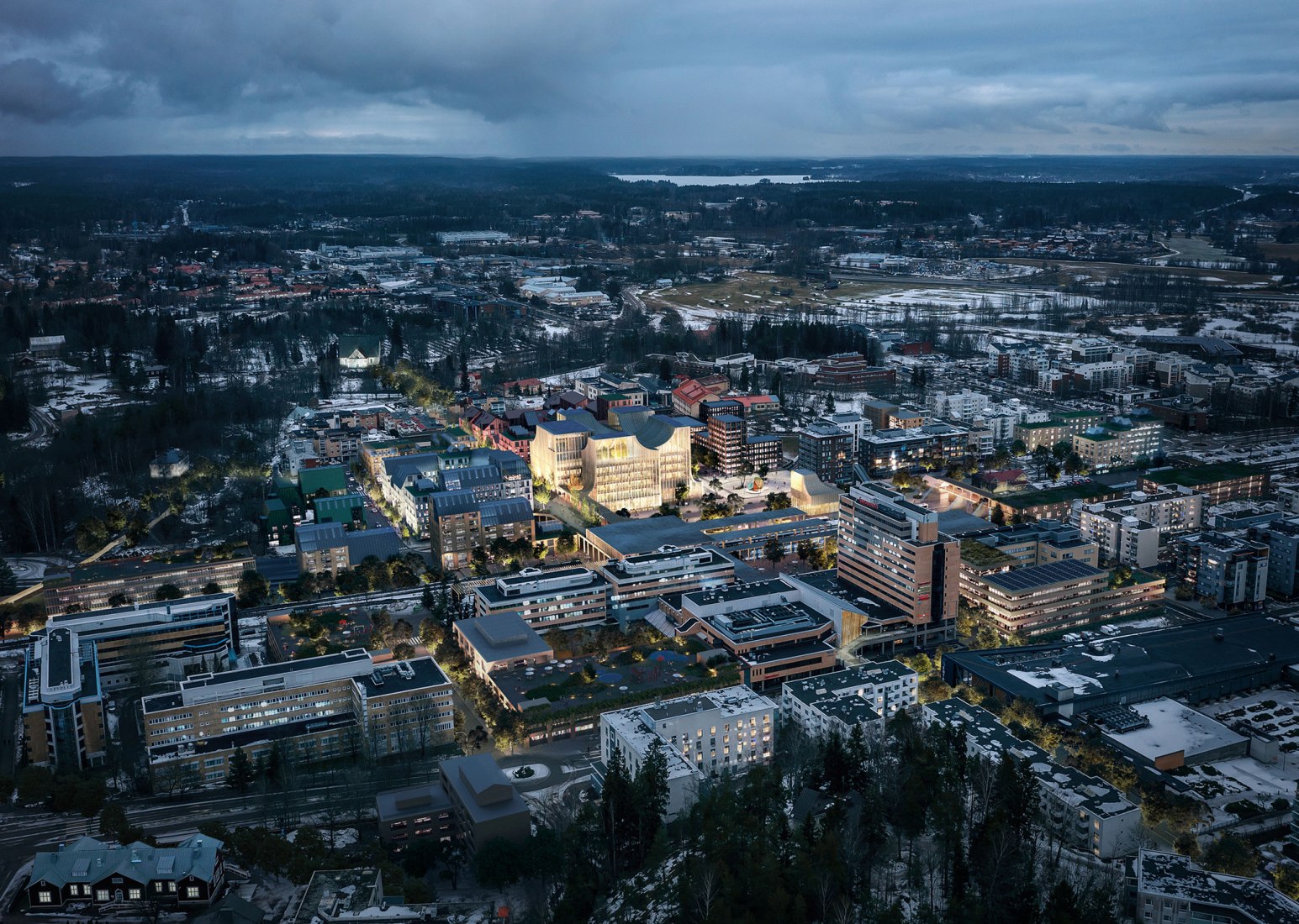 Rendering. Wooden Community and Municipal Building by Cobe and Lundén Architecture Company.