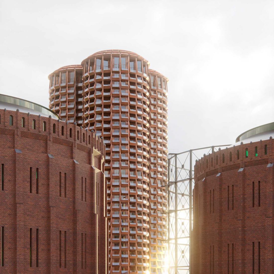 Residential tower at Stockholm’s historic gasworks by Cobe and Yellon. Rendering by Cobe and Yellon