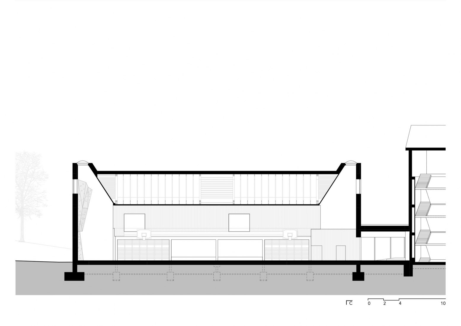 Section. Nový Hrozenkov Primary School Sports Hall by Consequence forma architects.