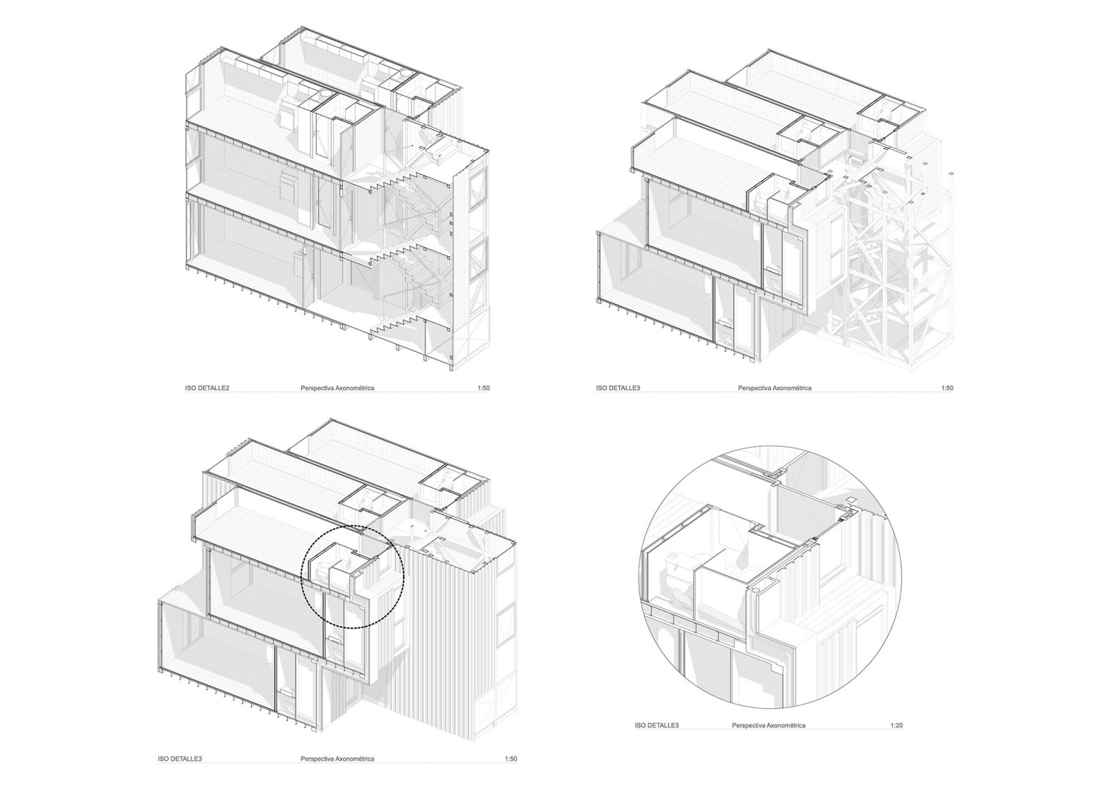 Axonométrico. «Container Building» por Hsu-Rudolphy Architects.