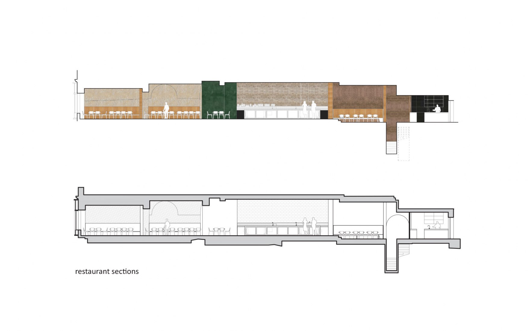 Restaurant sections. Nádvorie (Courtyard) by Vallo Sadovsky Architects.