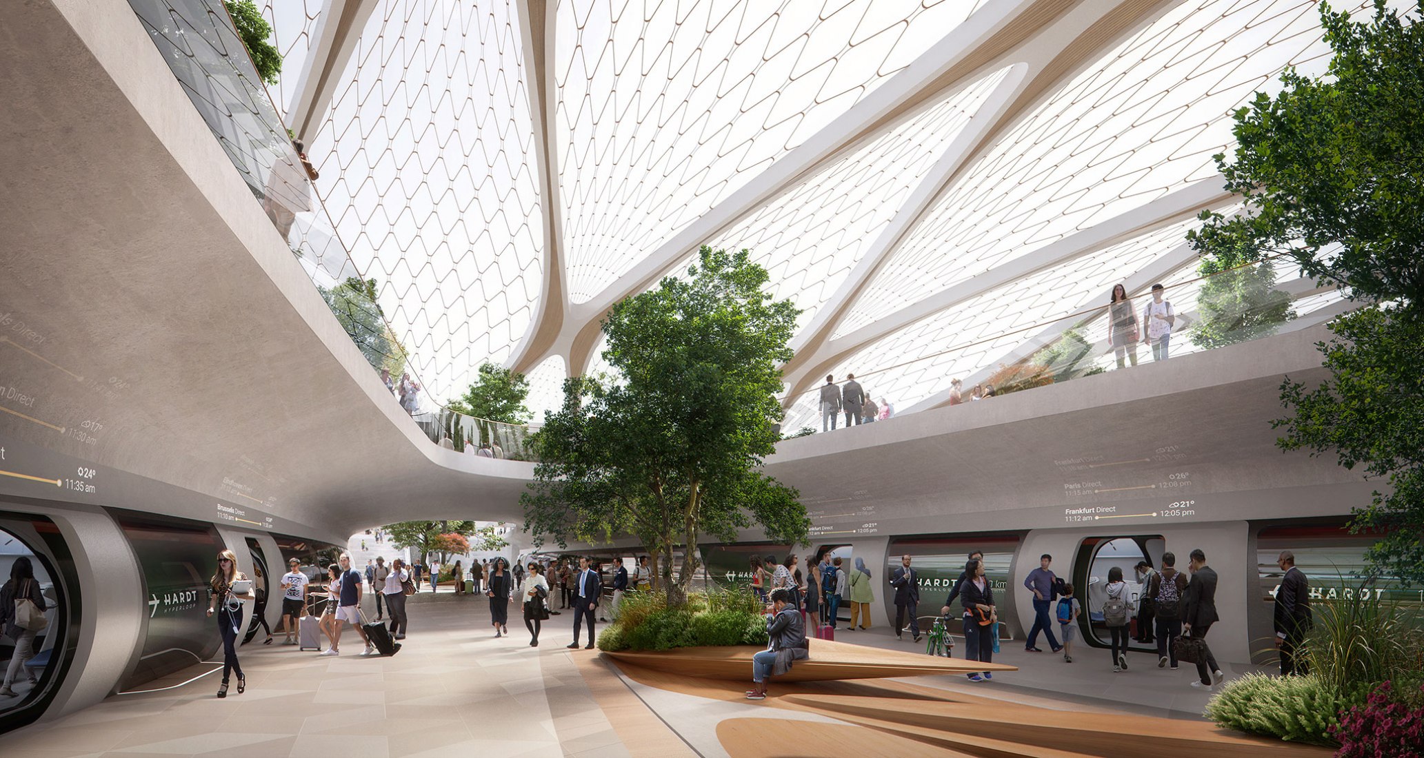 Rendering. 'Hyperloop Station' from Amsterdam to Frankfurt by UNSFutures. Image © Plompmozes