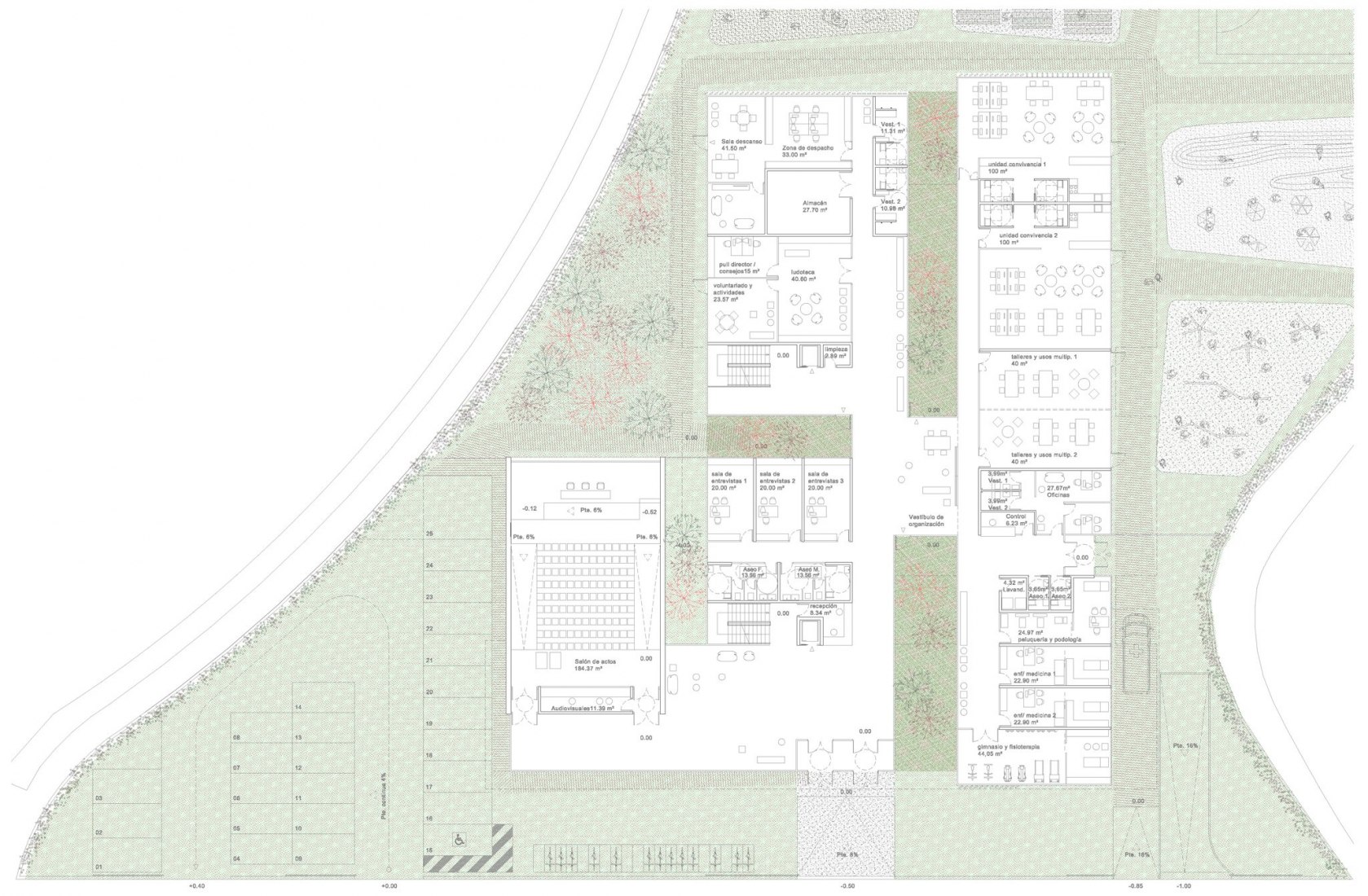 Planta baja. Nueva cruz roja española en la ciudad de Ávila por ABLM Arquitectos. Imagen Cortesía de ABLM Arquitectos. 
