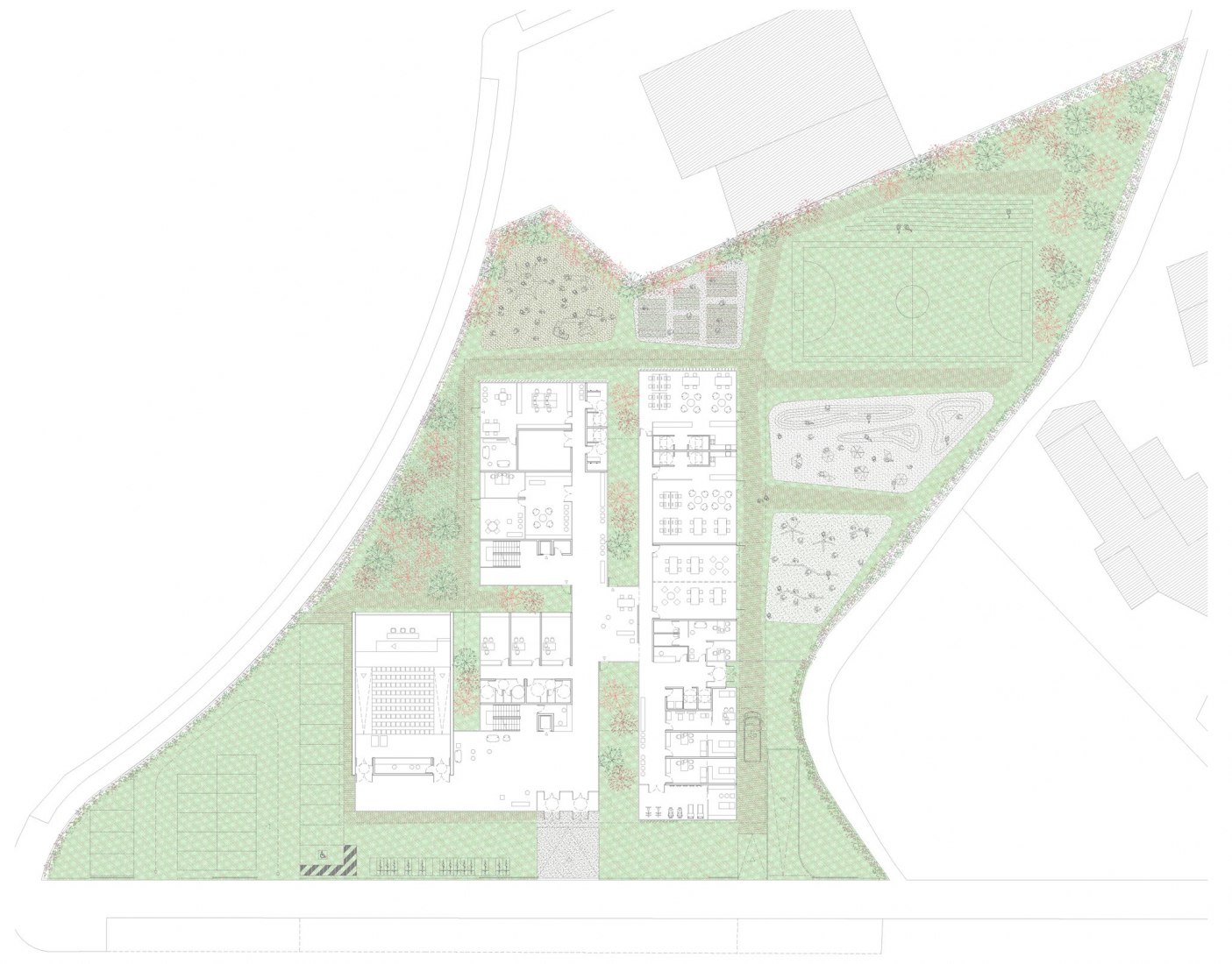 Planta del conjunto de la propuesta. Nueva cruz roja española en la ciudad de Ávila por ABLM Arquitectos. Imagen Cortesía de ABLM Arquitectos. 