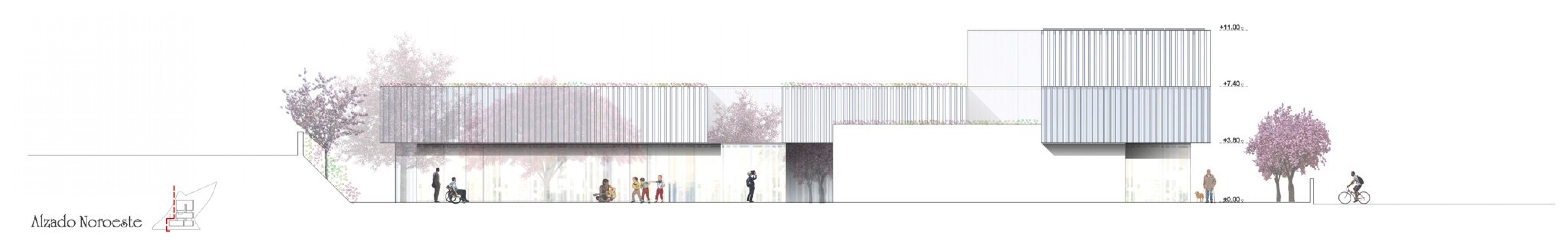 Alzado noroeste. Nueva cruz roja española en la ciudad de Ávila por ABLM Arquitectos. Imagen Cortesía de ABLM Arquitectos. 