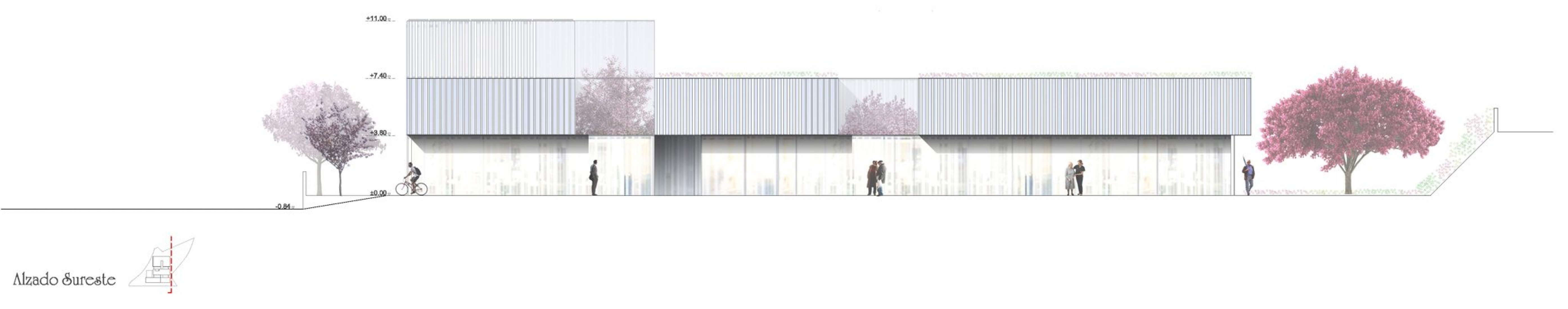 Alzado sureste. Nueva cruz roja española en la ciudad de Ávila por ABLM Arquitectos. Imagen Cortesía de ABLM Arquitectos. 