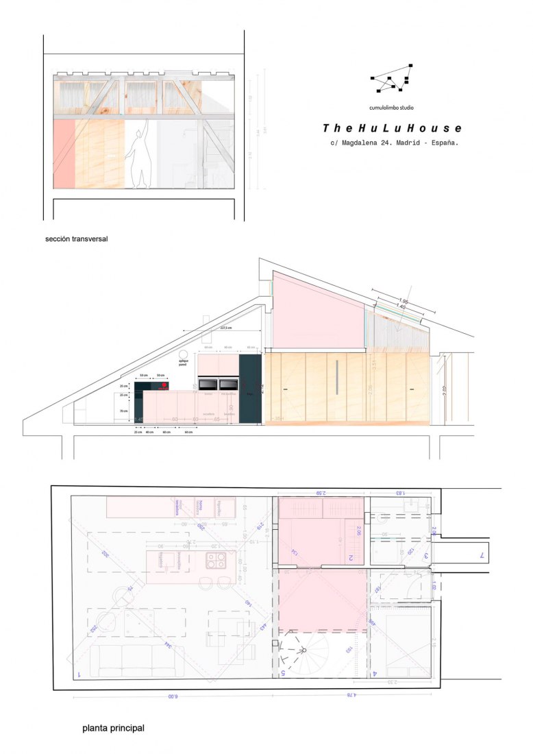 Planta principal y secciones transversal y longitudinal. The Hulu House por CumuloLimbo Studio