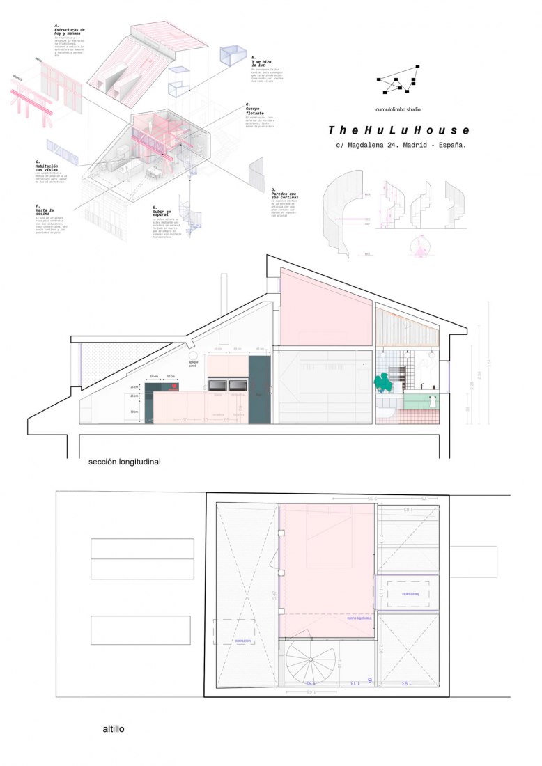 Planta de altillo y sección longitudinal. The Hulu House por CumuloLimbo Studio