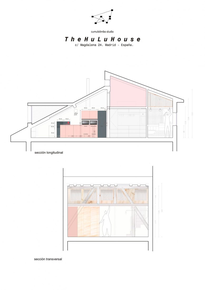 Secciones transversal y longitudinal. The Hulu House por CumuloLimbo Studio