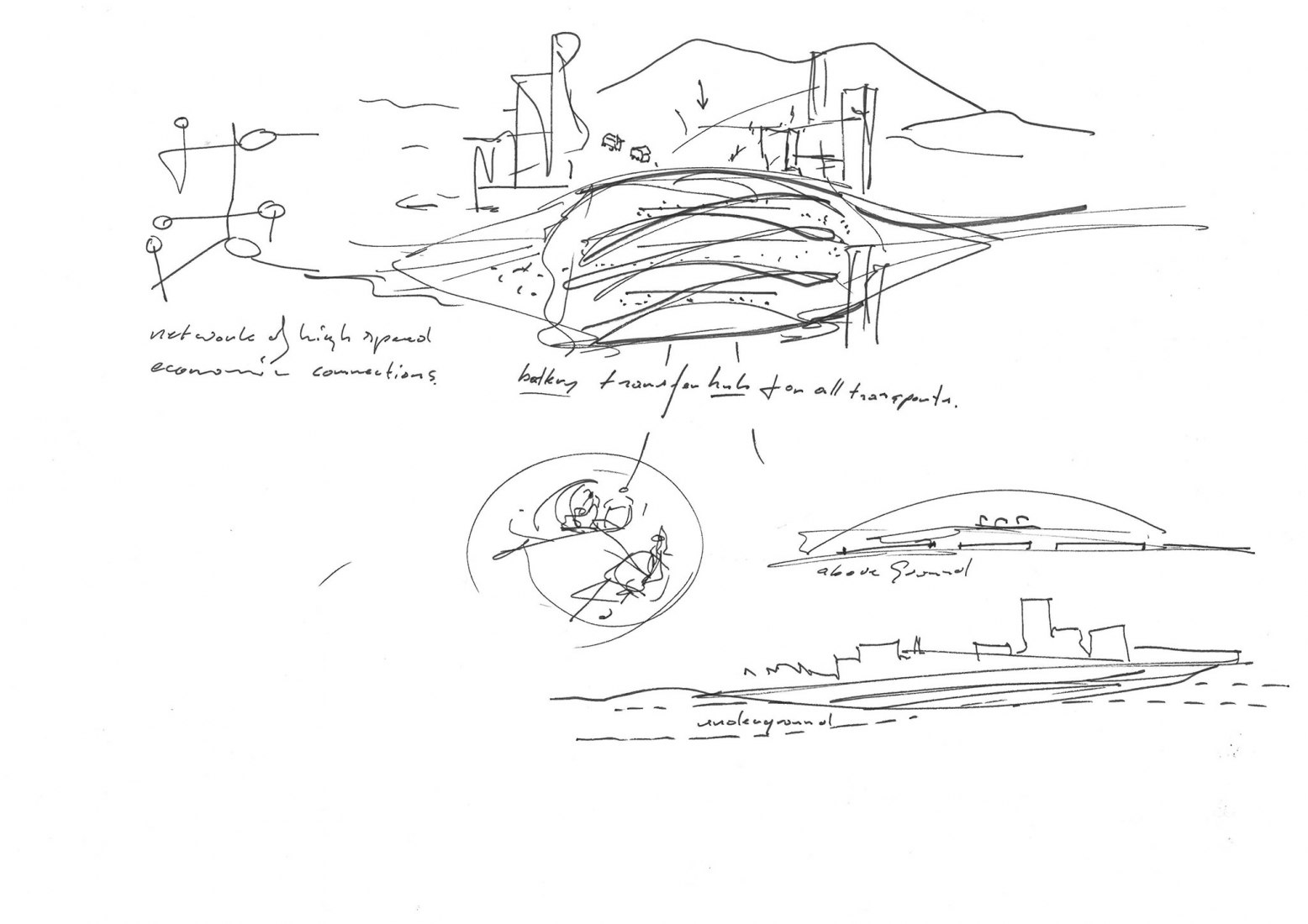 Sketch by Ben van Berkel. 'Hyperloop Station' from Amsterdam to Frankfurt by UNSFutures. Image © UNStudio