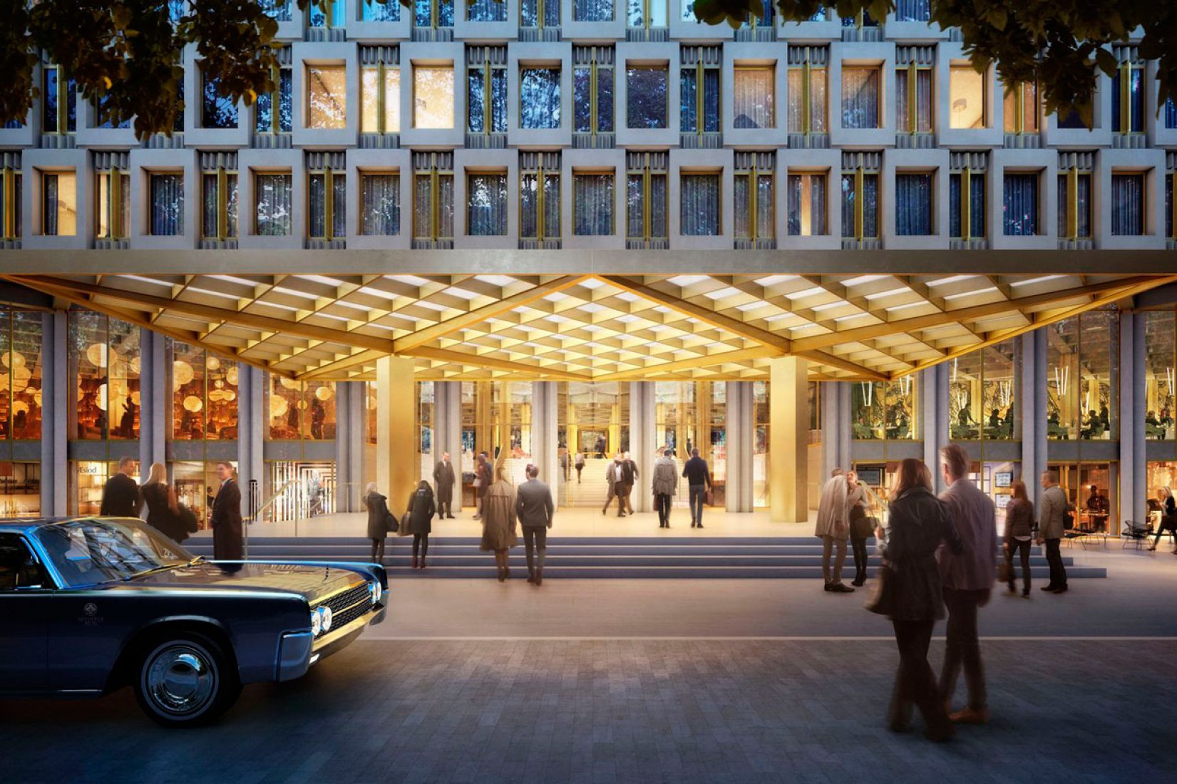 Visualización del acceso al nuevo hotel Mayfair por David Chipperfield Architects.
