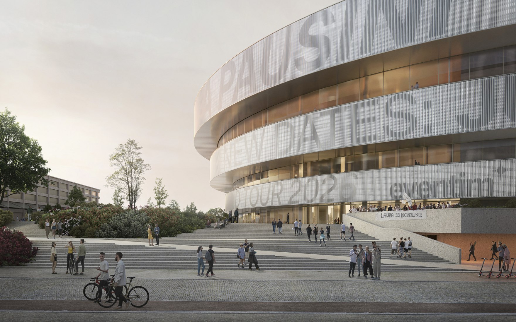 View towards the main entrance. Arena in Santa Giulia by David Chipperfield Architects. Rendering by Onirism Studio