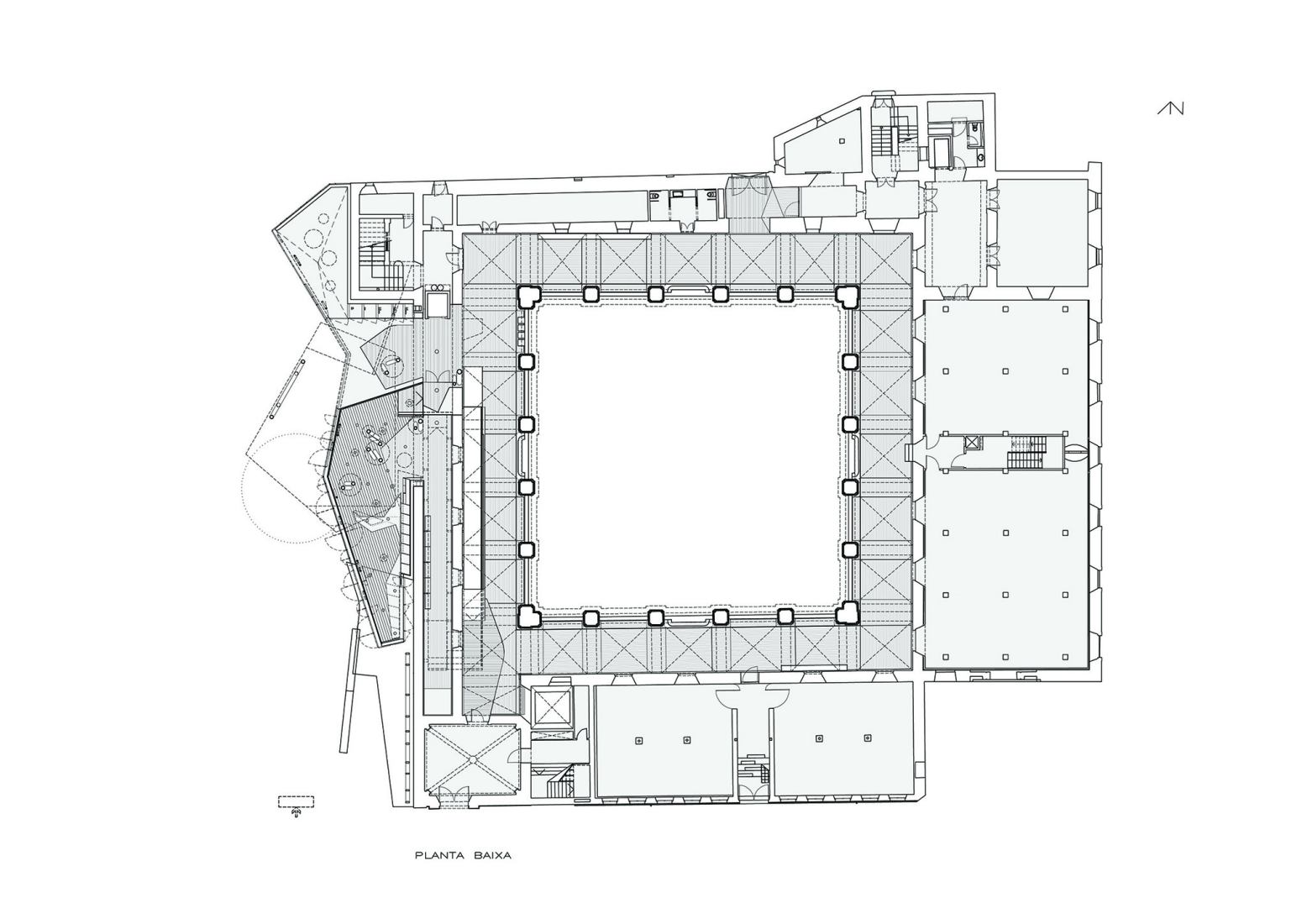 Plano de planta baja. Nueva fachada de entrada al Museo Barroco de Cataluña por David Closes.