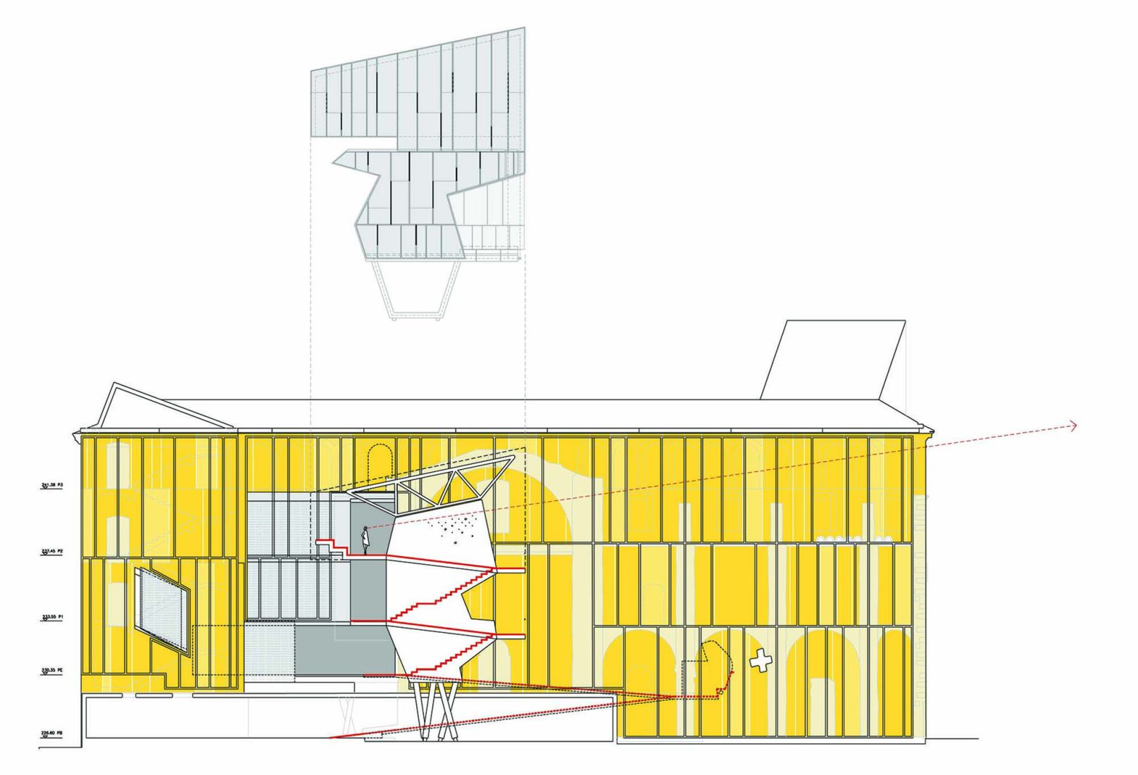 Plano de sección. Nueva fachada de entrada al Museo Barroco de Cataluña por David Closes.