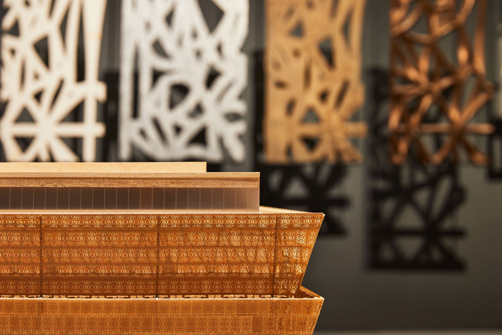Installation view at the Design Museum's Making Memory exhibition. A model of the Smithsonian National Museum of African American History and Culture in Washington DC, on show at the Design Museum. Photograph by Ed Reeve