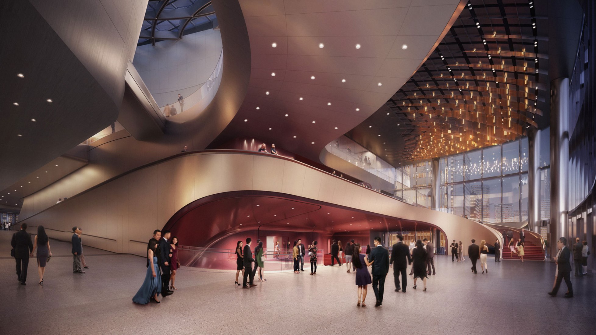 Lyric Theatre foyer from the south. Lyric Theatre Complex by UNStudio. Image by DBOX / UNStudio