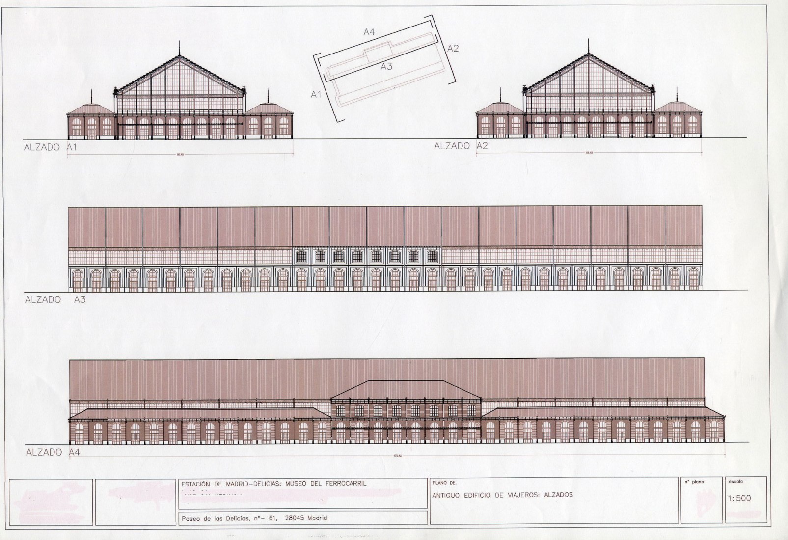 Former travelers building:Elevations. Courtesy of the Department of Conservation, Historical Railway Archive of the Railway Museum (Foundation of Spanish Railways)