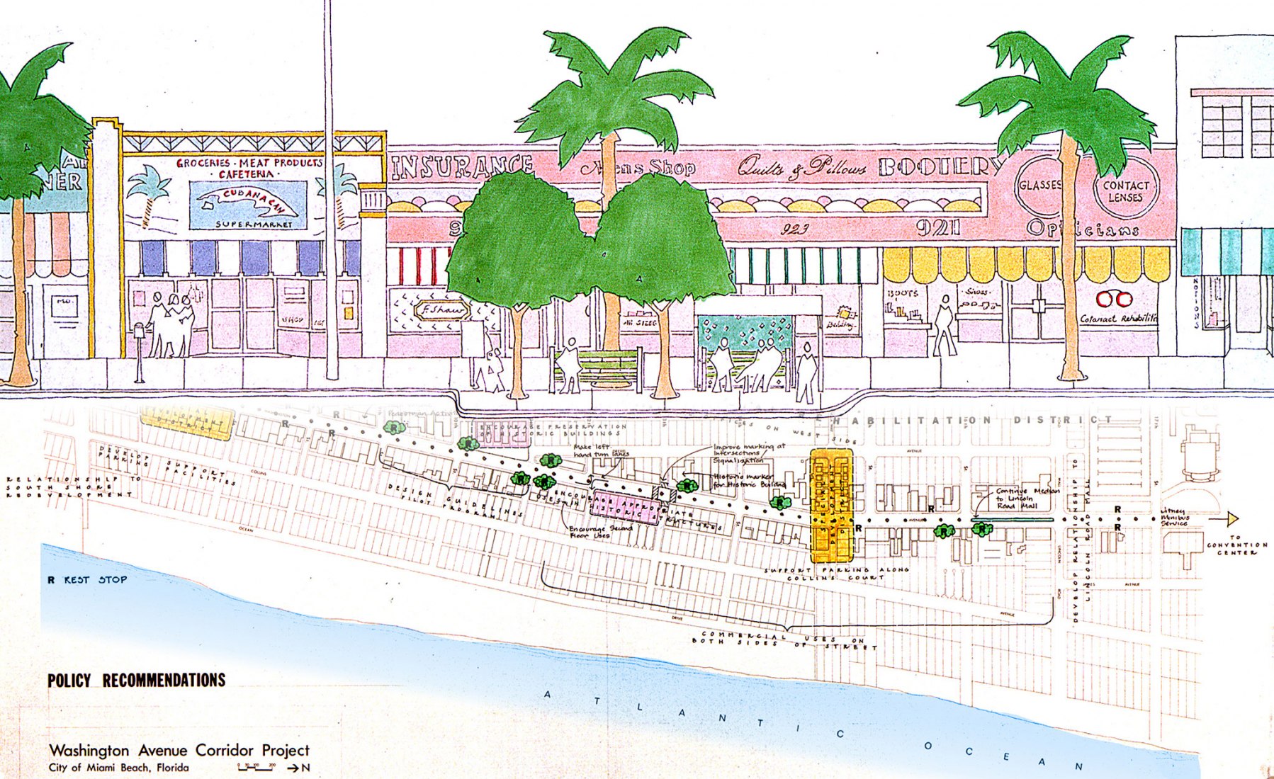 Plan de revitalización de la avenida Washington, Miami Beach, Florida, EEUU, 1978 © Venturi, Scott Brown and Associates inc. © Croquis: Denise Scott Brown.