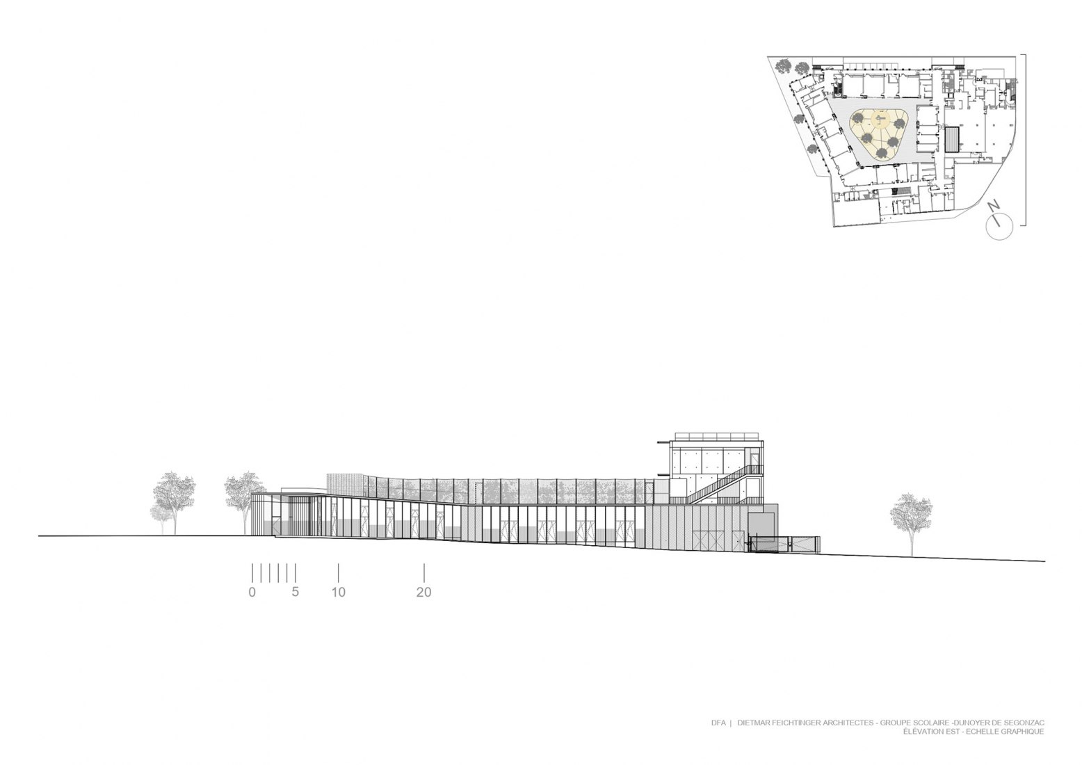 Alzado este. Centro Escolar y de Actividades en Antony por Dietmar Feichtinger Architectes
