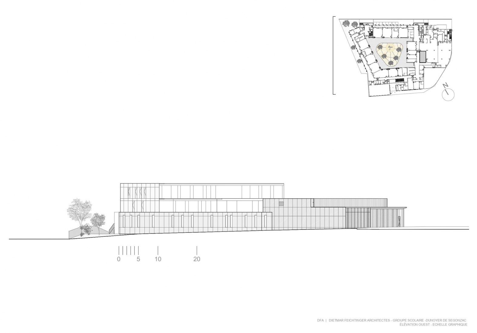 Alzado oeste. Centro Escolar y de Actividades en Antony por Dietmar Feichtinger Architectes