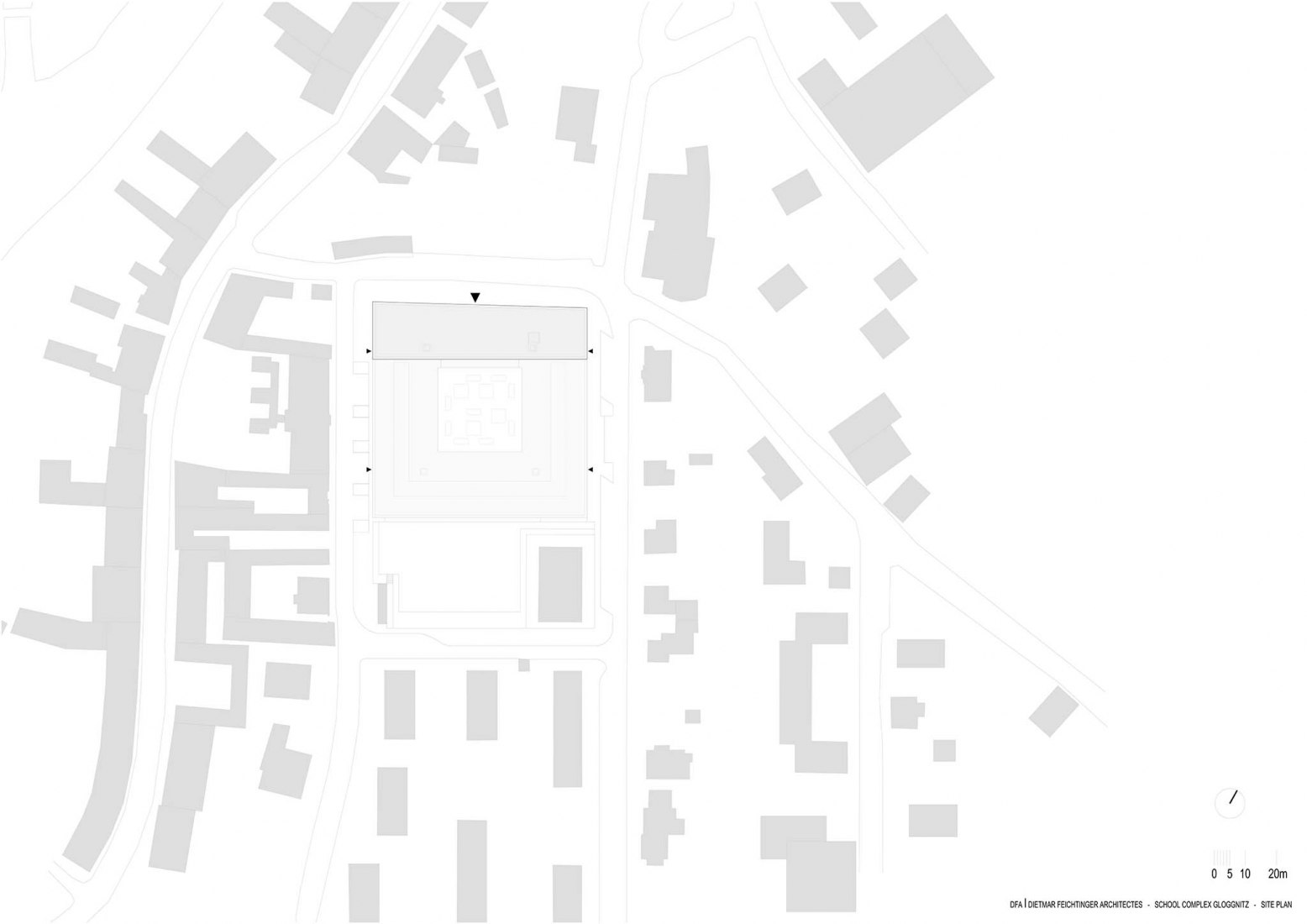 Plano de situación. Complejo escolar Gloggnitz por DFA Dietmar Feichtinger Architectes