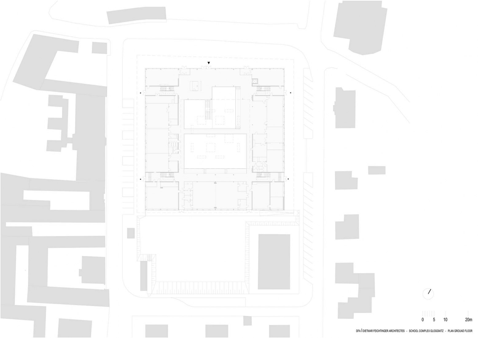 Plano de planta baja. Complejo escolar Gloggnitz por DFA Dietmar Feichtinger Architectes