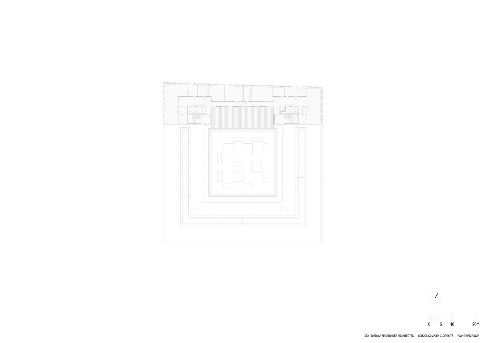 Plano de tercera planta. Complejo escolar Gloggnitz por DFA Dietmar Feichtinger Architectes
