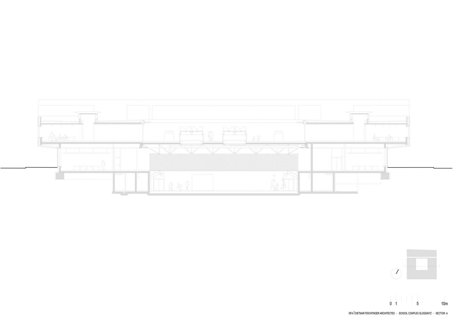 Sección A. Complejo escolar Gloggnitz por DFA Dietmar Feichtinger Architectes
