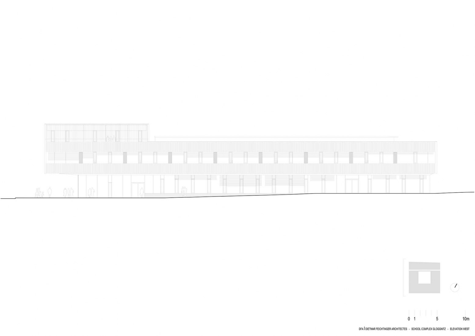 Alzado oeste. Complejo escolar Gloggnitz por DFA Dietmar Feichtinger Architectes