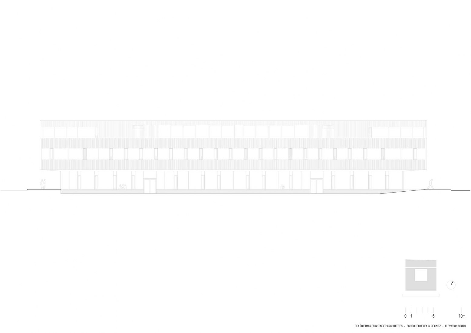 Alzado sur. Complejo escolar Gloggnitz por DFA Dietmar Feichtinger Architectes