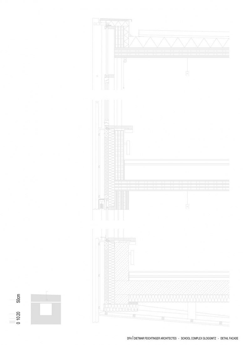 Detalles de alzado norte. Complejo escolar Gloggnitz por DFA Dietmar Feichtinger Architectes