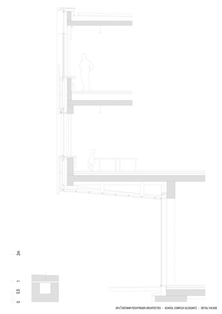 Detalles de alzado norte. Complejo escolar Gloggnitz por DFA Dietmar Feichtinger Architectes