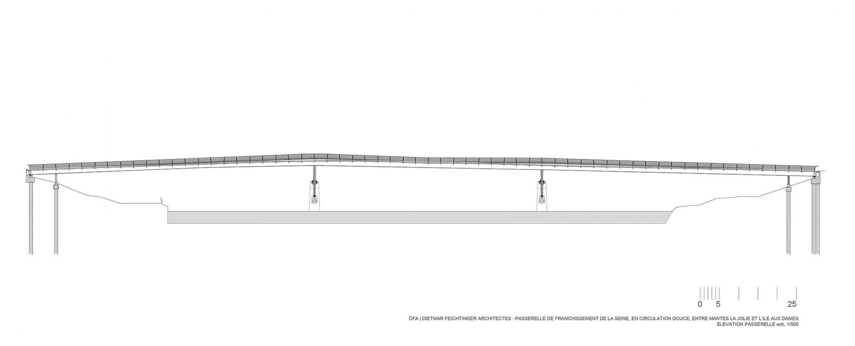 Sección longitudinal. Pasarela peatonal sobre el Sena por Dietmar Feichtinger Architectes.