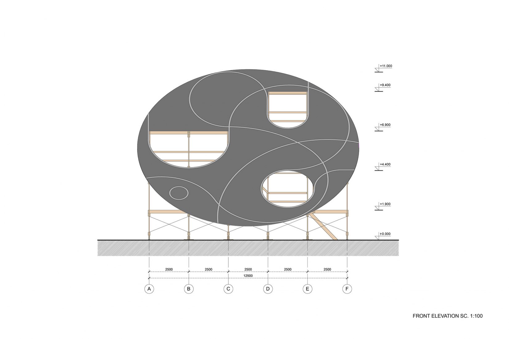Alzado principal. Pabellón para Nature Concert Hall 2017 por DJA. Didzis Jaunzems Architecture..