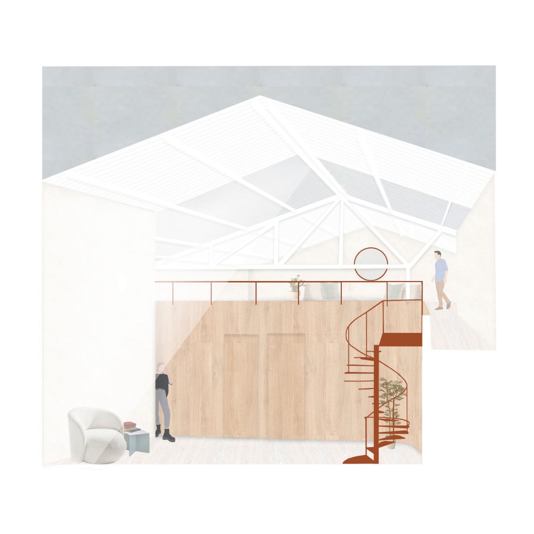 Mezzanine rendering. Espacio B by Dodds Estudio. 