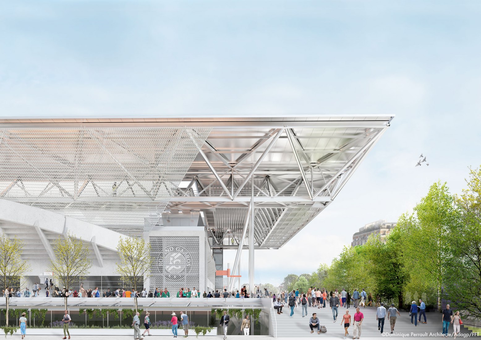 Rendering. Retractable roof on Suzanne Lenglen tennis court by Dominique Perrault