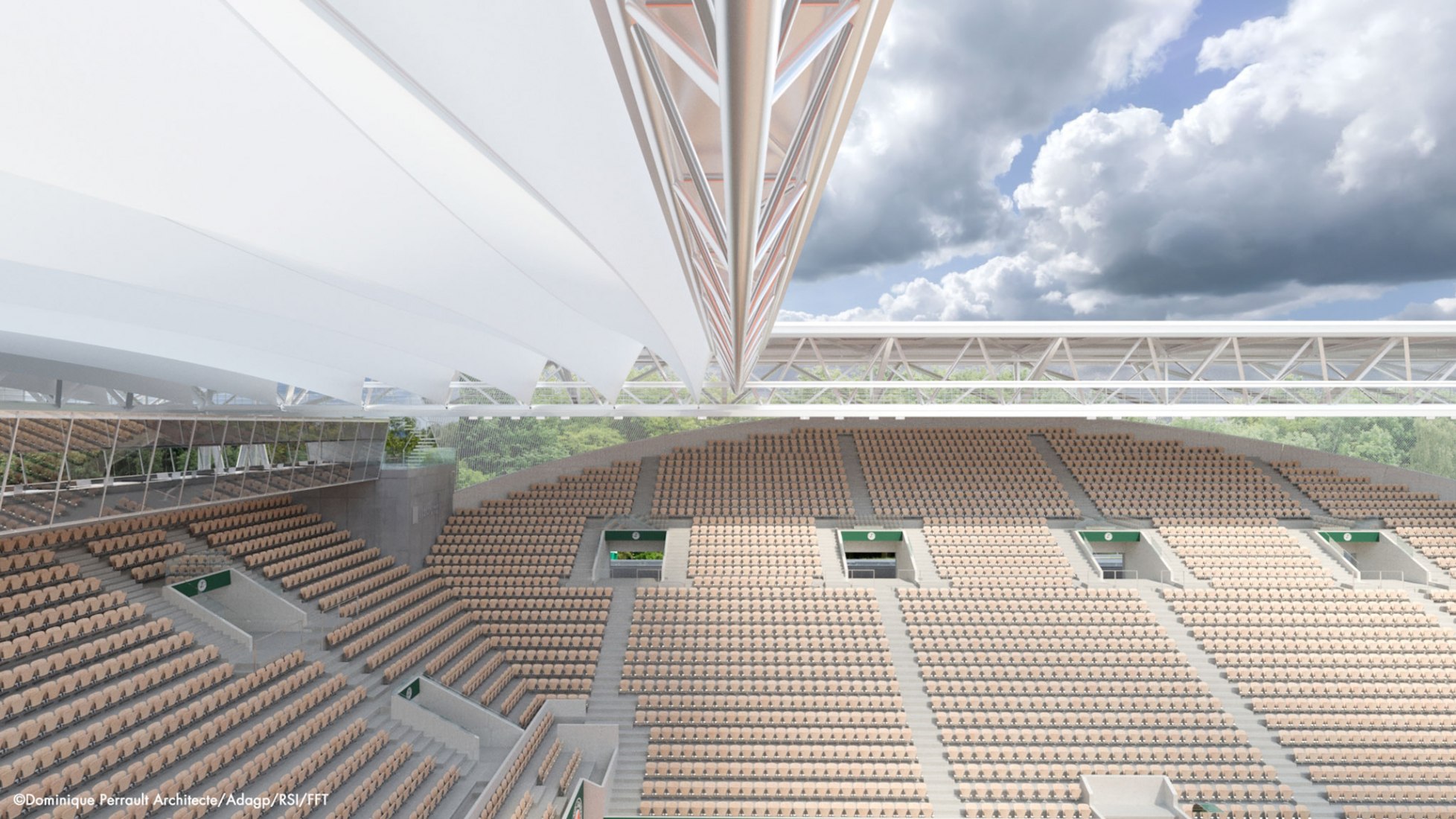 Rendering. Retractable roof on Suzanne Lenglen tennis court by Dominique Perrault